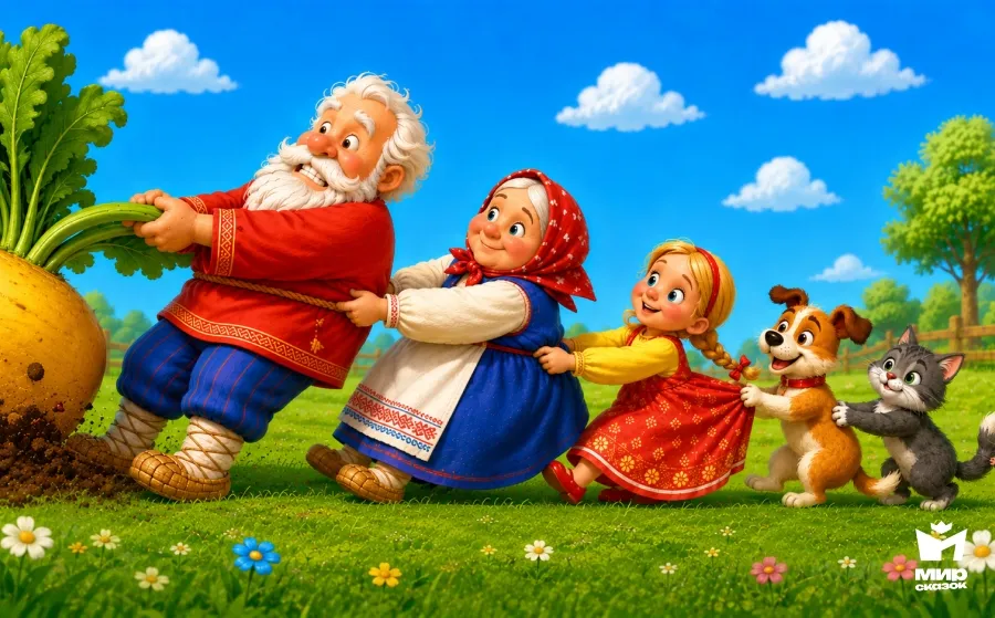 Дед, бабушка, девочка, собачка и кошка тянут репку