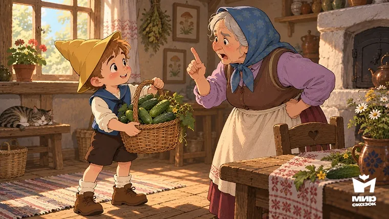Фунтик протягивает бабушке огурцы